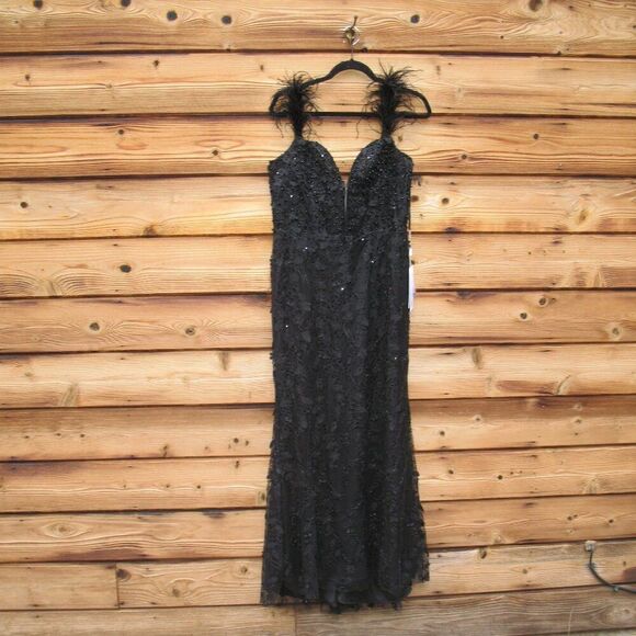 MAC DUGGAL 20889 Womens Black Sheer Applique Bustier Gown with Feather Straps - Picture 5 of 14